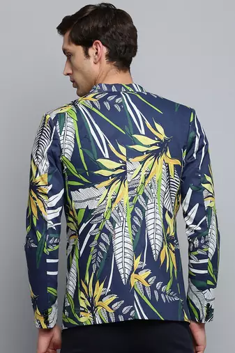 SHOWOFF Men's Printed Notched Lapel Navy Blue Single-Breasted Blazer