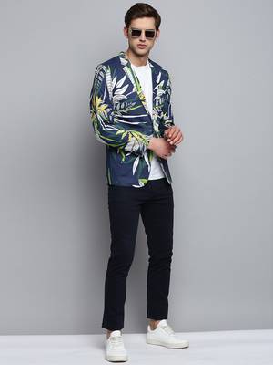 SHOWOFF Men's Printed Notched Lapel Navy Blue Single-Breasted Blazer 5