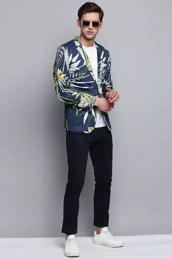 SHOWOFF Men's Printed Notched Lapel Navy Blue Single-Breasted Blazer
