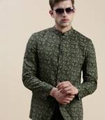SHOWOFF Men's Mandarin Collar Printed Olive Bandhgala Blazer