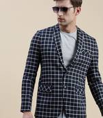 Men's Notched Lapel Checked Navy Blue Single-Breasted Blazer