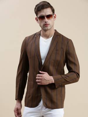 Men's Notched Lapel Striped Brown Single-Breasted Blazer 1