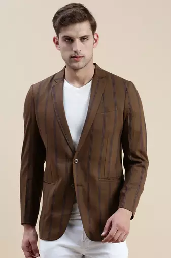 Men's Notched Lapel Striped Brown Single-Breasted Blazer