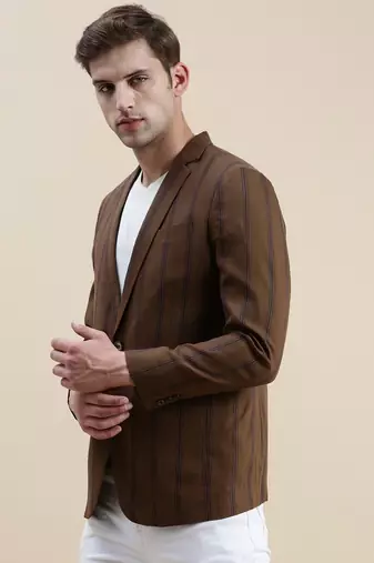 Men's Notched Lapel Striped Brown Single-Breasted Blazer
