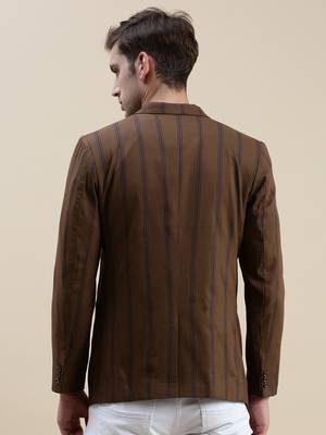 Men's Notched Lapel Striped Brown Single-Breasted Blazer 4