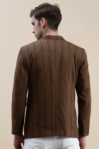 Men's Notched Lapel Striped Brown Single-Breasted Blazer