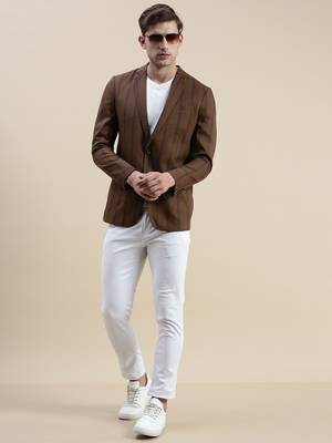 Men's Notched Lapel Striped Brown Single-Breasted Blazer 5