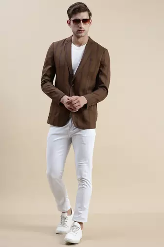 Men's Notched Lapel Striped Brown Single-Breasted Blazer