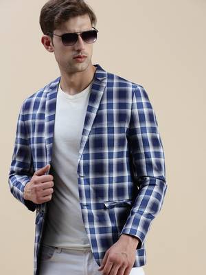 SHOWOFF Men's Notched Lapel Checked Blue Single-Breasted Blazer 1