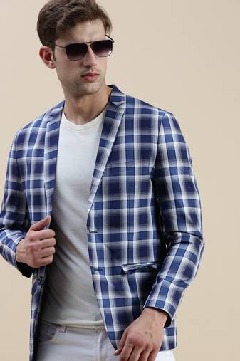 SHOWOFF Men's Notched Lapel Checked Blue Single-Breasted Blazer