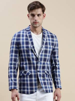 SHOWOFF Men's Notched Lapel Checked Blue Single-Breasted Blazer 2