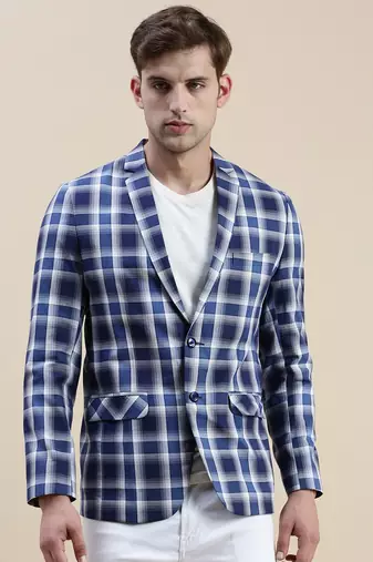 SHOWOFF Men's Notched Lapel Checked Blue Single-Breasted Blazer