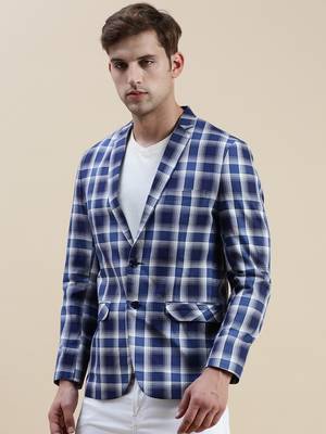 SHOWOFF Men's Notched Lapel Checked Blue Single-Breasted Blazer 3