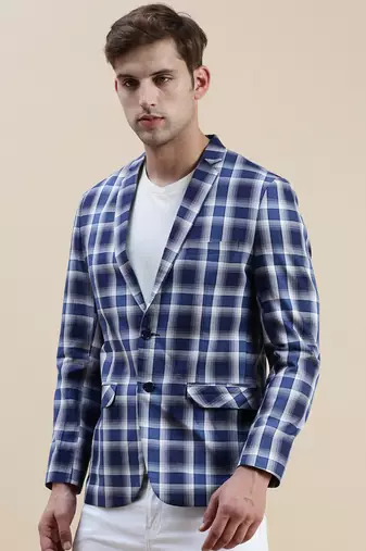 SHOWOFF Men's Notched Lapel Checked Blue Single-Breasted Blazer
