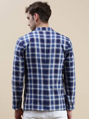 SHOWOFF Men's Notched Lapel Checked Blue Single-Breasted Blazer 4