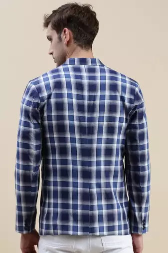 SHOWOFF Men's Notched Lapel Checked Blue Single-Breasted Blazer