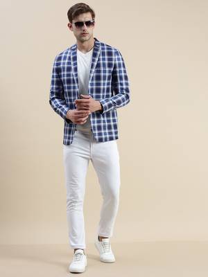 SHOWOFF Men's Notched Lapel Checked Blue Single-Breasted Blazer 5