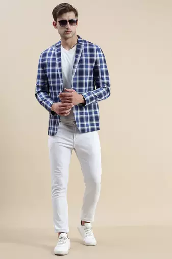 SHOWOFF Men's Notched Lapel Checked Blue Single-Breasted Blazer