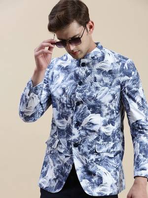 SHOWOFF Men's Mandarin Collar Printed Blue Bandhgala Blazer 1