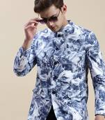 SHOWOFF Men's Mandarin Collar Printed Blue Bandhgala Blazer