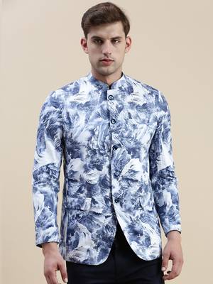 SHOWOFF Men's Mandarin Collar Printed Blue Bandhgala Blazer 2