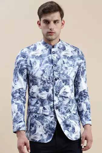 SHOWOFF Men's Mandarin Collar Printed Blue Bandhgala Blazer