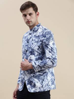SHOWOFF Men's Mandarin Collar Printed Blue Bandhgala Blazer 3