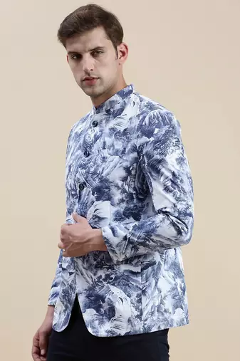 SHOWOFF Men's Mandarin Collar Printed Blue Bandhgala Blazer