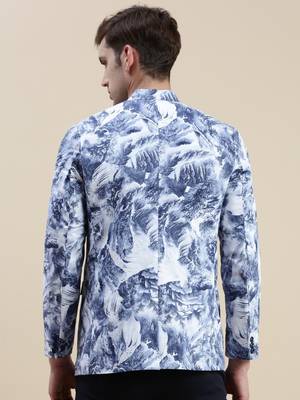 SHOWOFF Men's Mandarin Collar Printed Blue Bandhgala Blazer 4