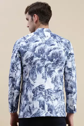 SHOWOFF Men's Mandarin Collar Printed Blue Bandhgala Blazer