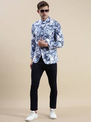 SHOWOFF Men's Mandarin Collar Printed Blue Bandhgala Blazer 5