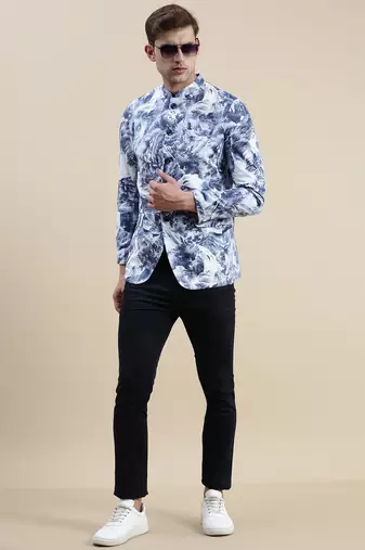 SHOWOFF Men's Mandarin Collar Printed Blue Bandhgala Blazer