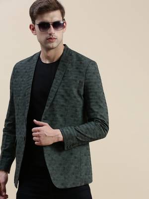 SHOWOFF Men's Notched Lapel Printed Olive Single-Breasted Blazer 1