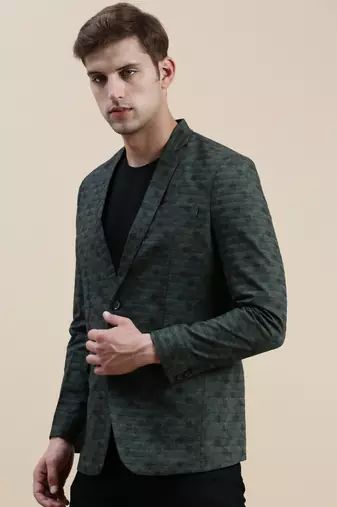 SHOWOFF Men's Notched Lapel Printed Olive Single-Breasted Blazer