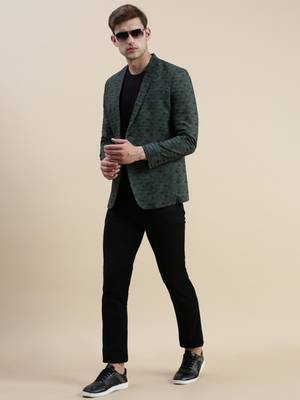 SHOWOFF Men's Notched Lapel Printed Olive Single-Breasted Blazer 5