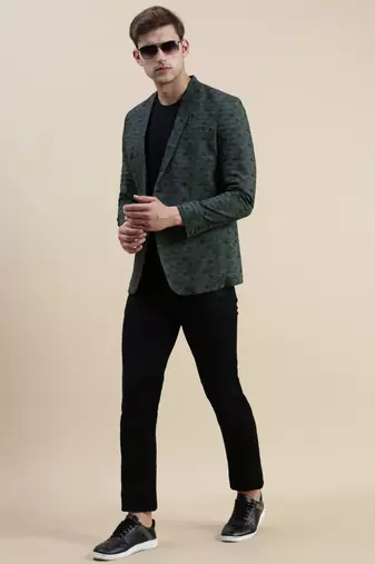 SHOWOFF Men's Notched Lapel Printed Olive Single-Breasted Blazer