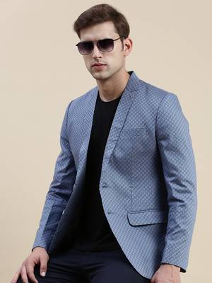 SHOWOFF Men's Notched Lapel Printed Blue Single-Breasted Blazer 1