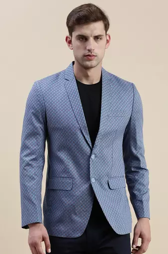 SHOWOFF Men's Notched Lapel Printed Blue Single-Breasted Blazer