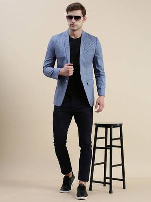 SHOWOFF Men's Notched Lapel Printed Blue Single-Breasted Blazer 5
