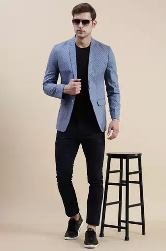 SHOWOFF Men's Notched Lapel Printed Blue Single-Breasted Blazer