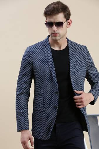 SHOWOFF Men's Notched Lapel Printed Navy Blue Single-Breasted Blazer