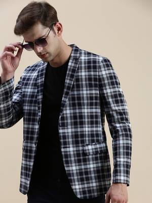 SHOWOFF Men's Notched Lapel Checked Navy Blue Single-Breasted Blazer 1