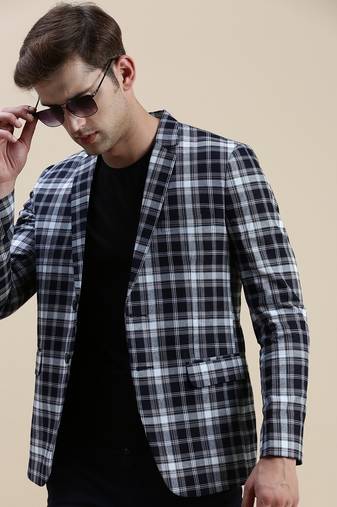 SHOWOFF Men's Notched Lapel Checked Navy Blue Single-Breasted Blazer