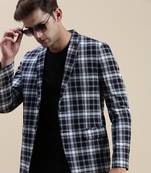 SHOWOFF Men's Notched Lapel Checked Navy Blue Single-Breasted Blazer