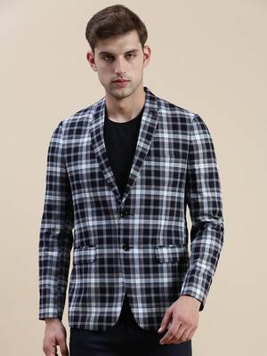 SHOWOFF Men's Notched Lapel Checked Navy Blue Single-Breasted Blazer 2