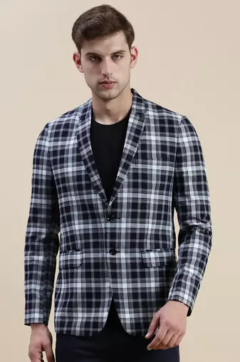 SHOWOFF Men's Notched Lapel Checked Navy Blue Single-Breasted Blazer