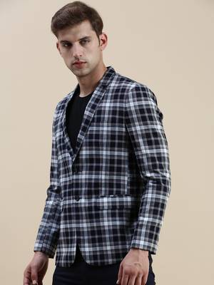 SHOWOFF Men's Notched Lapel Checked Navy Blue Single-Breasted Blazer 3