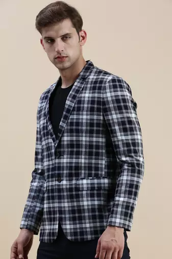 SHOWOFF Men's Notched Lapel Checked Navy Blue Single-Breasted Blazer