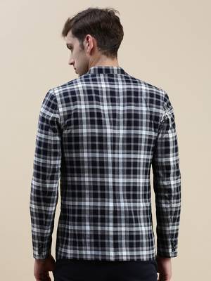 SHOWOFF Men's Notched Lapel Checked Navy Blue Single-Breasted Blazer 4