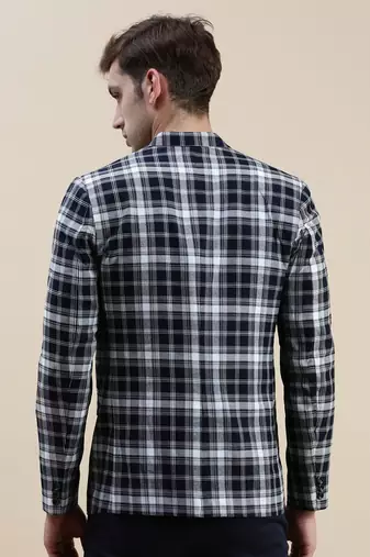SHOWOFF Men's Notched Lapel Checked Navy Blue Single-Breasted Blazer